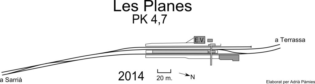 Fig. Esquema de vies de l'estació de les Planes. Elaborat per Adrià Pàmies a partir d'Ortofotomapa ICGC.