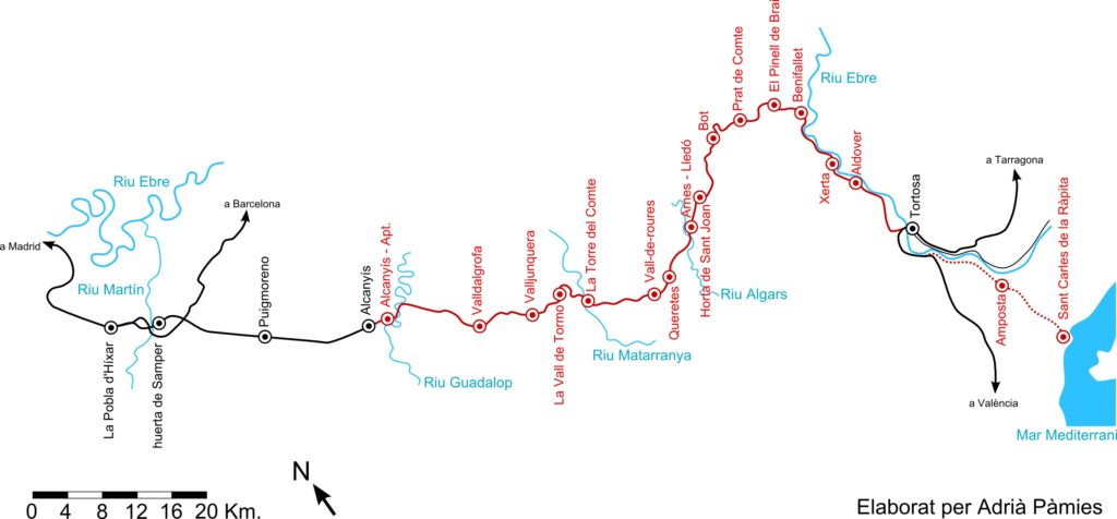 Fig. Plànol de la línia. En vermell continu apareix el tram inaugurat entre 1939 i 1941. En vermell discontinu, apareix el tram no finalitzat fins a Sant Carles. Autor: Adrià Pàmies sobre mapa topogràfic IGN.